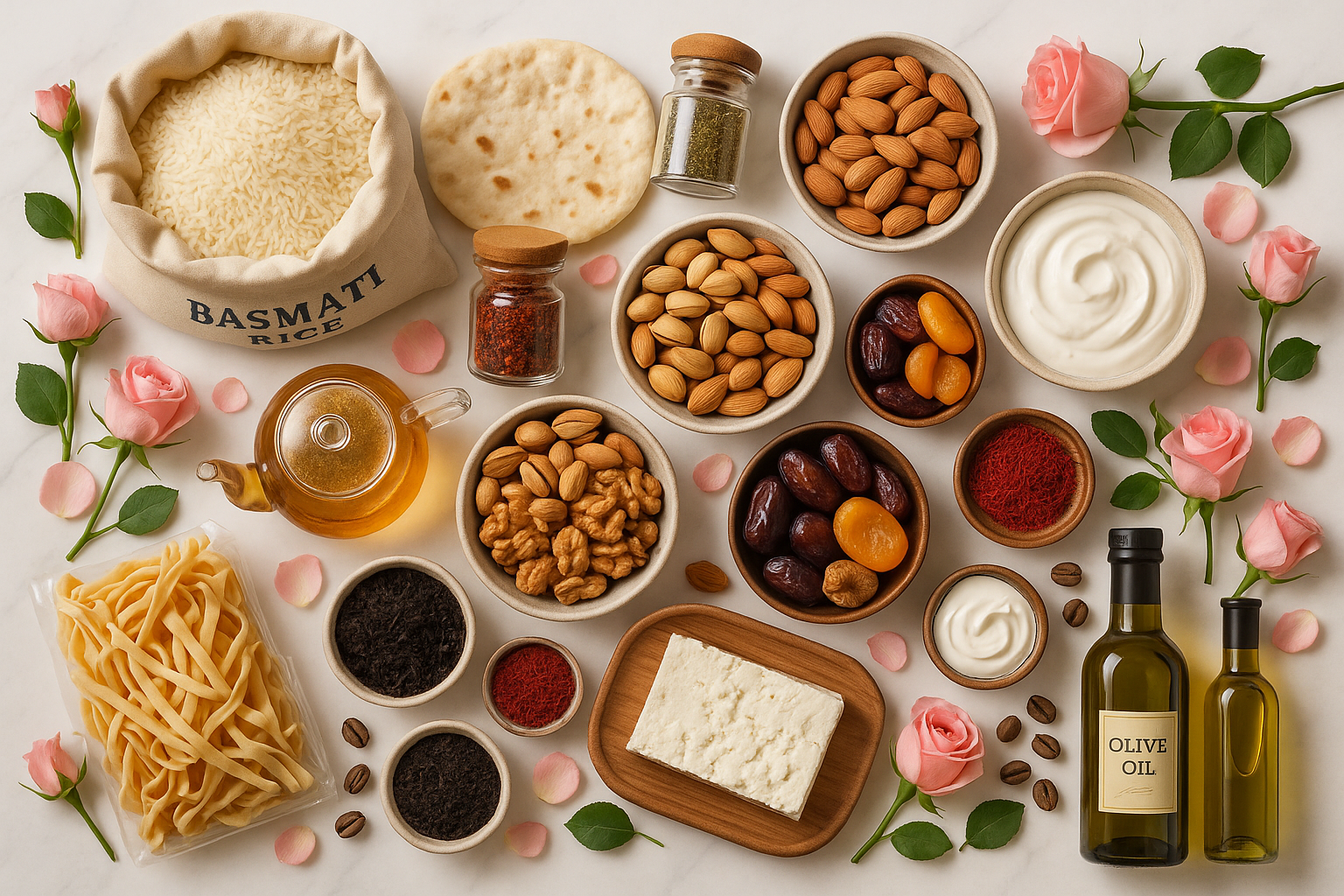 a mix of middle eastern groceries spread in a modern and chic way: rice, lavash bread, pasta, mixed nuts, dried fruits, dried herbs, saffron, spices, fetta cheese, yogurt, herbal tea in a glass pot, black tea, coffee, olive oil - have roses and rose petals spread through