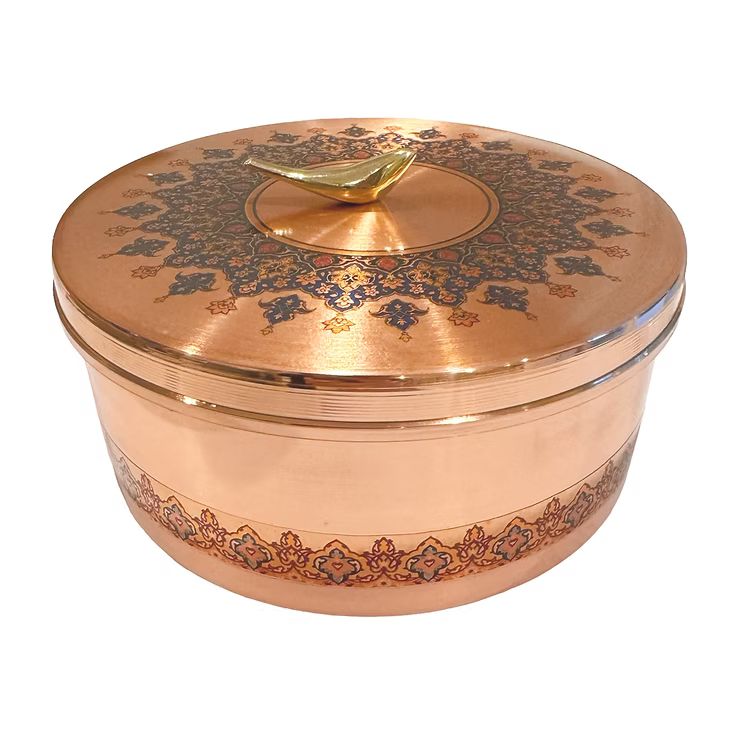 Toranj Handcrafted Copper Round Dish with Aameen Bird Lid "Medium"