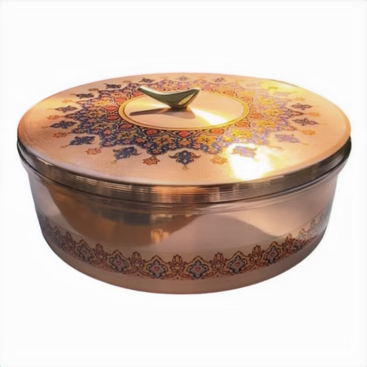 Toranj Handcrafted Copper Round Dish with Aameen Bird Lid "Big"