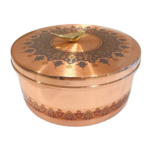 Toranj Handcrafted Copper Round Dish with Aameen Bird Lid "Medium"