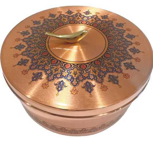 Toranj Handcrafted Copper Round Dish with Aameen Bird Lid "Big"